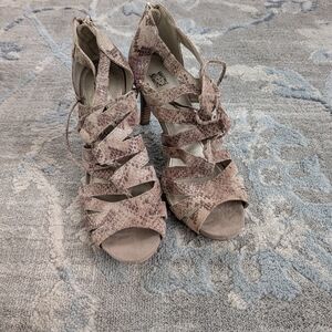 Anne Klein Taupe Snake-Print Strappy Lace-Up Heels